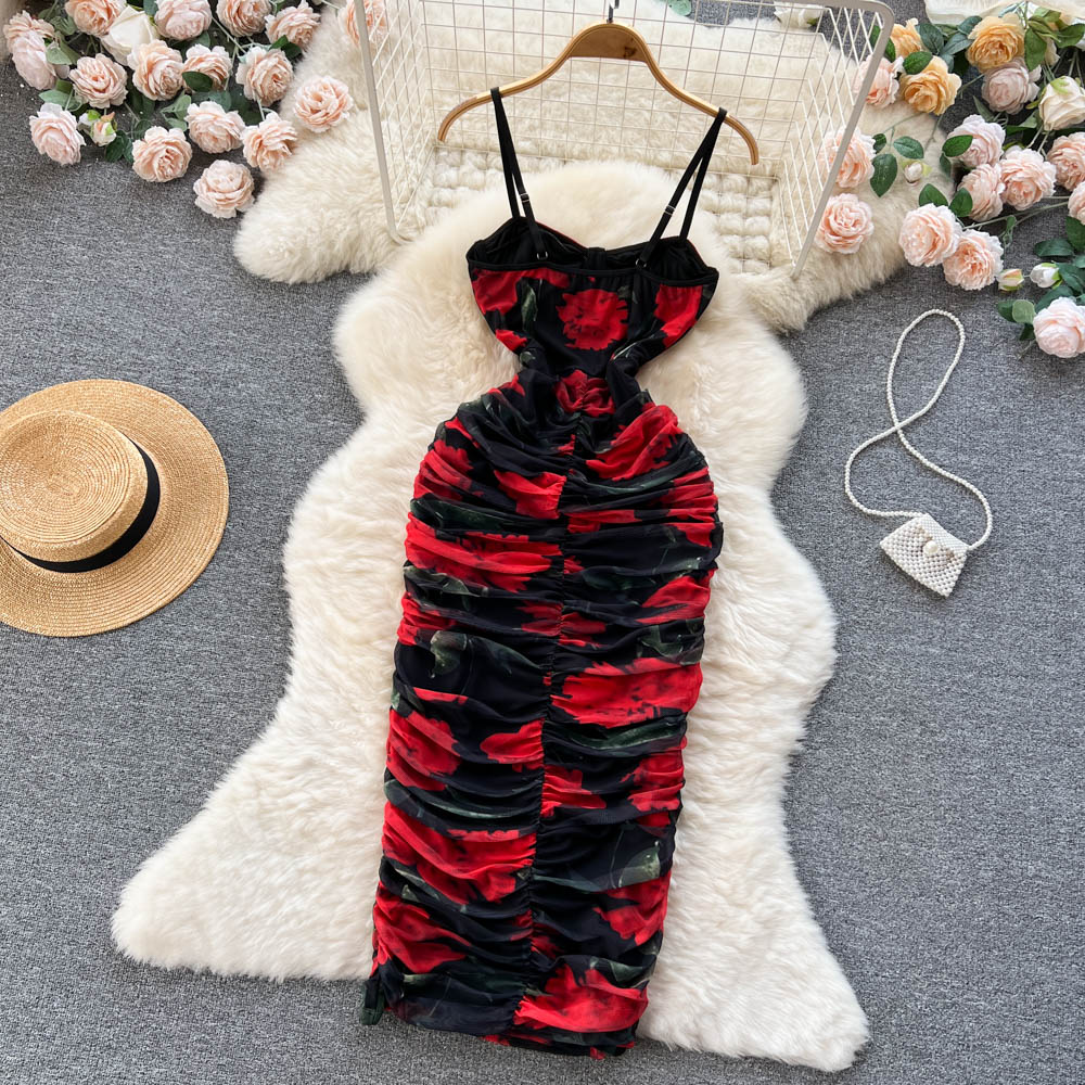 Sexy Spaghetti Straps Long Floral Red Dress Women Holiday Dress P236