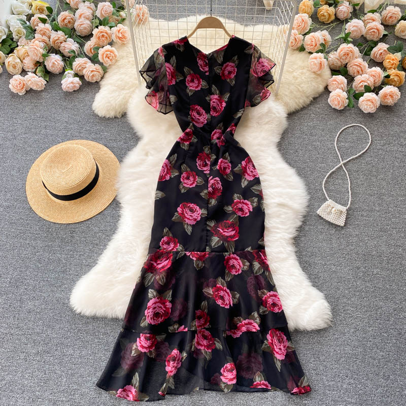 sexy mermaid v neckline floral dress women's dress P098