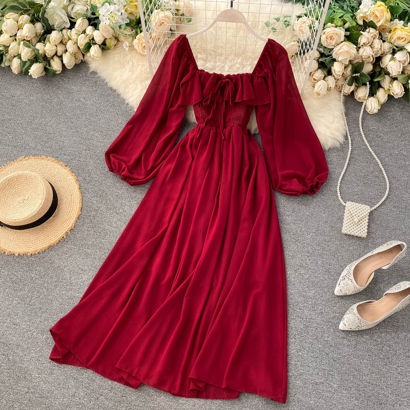 A line square neckline long sleeves chiffon dress women's dress P097