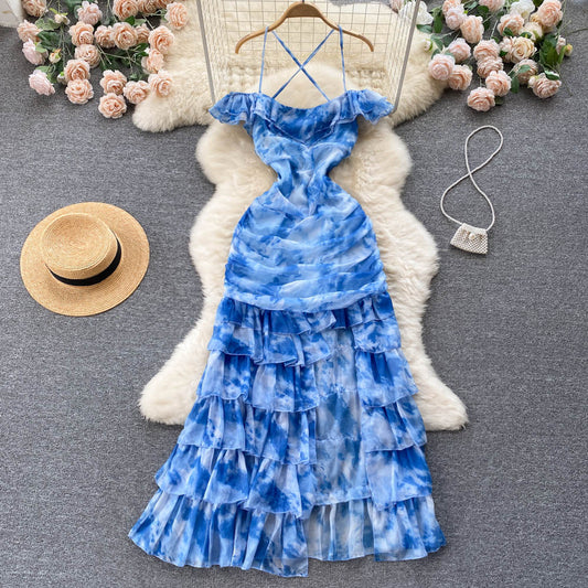 Cute Spaghetti Straps Long Blue Floral Dress Women Holiday Dress P234