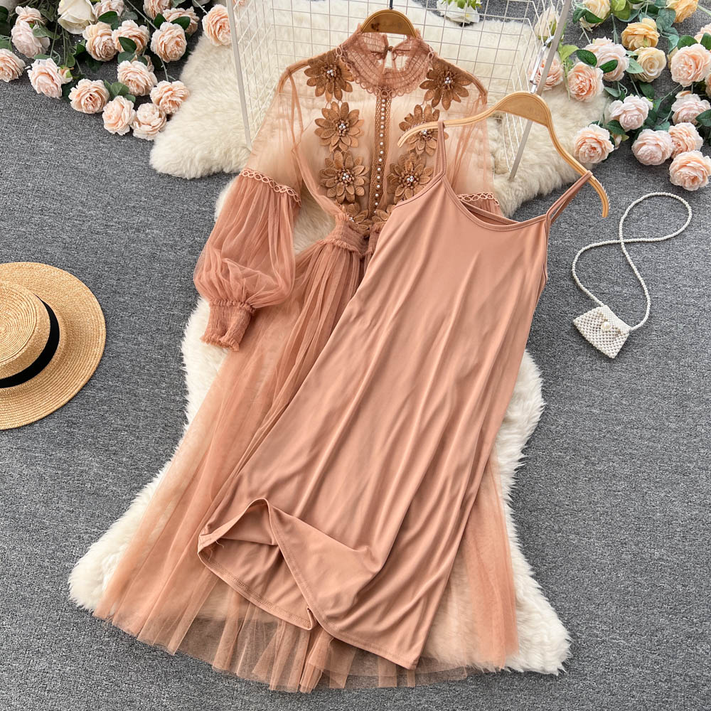 Vintage A line long sleeves lace dress women's dress P230