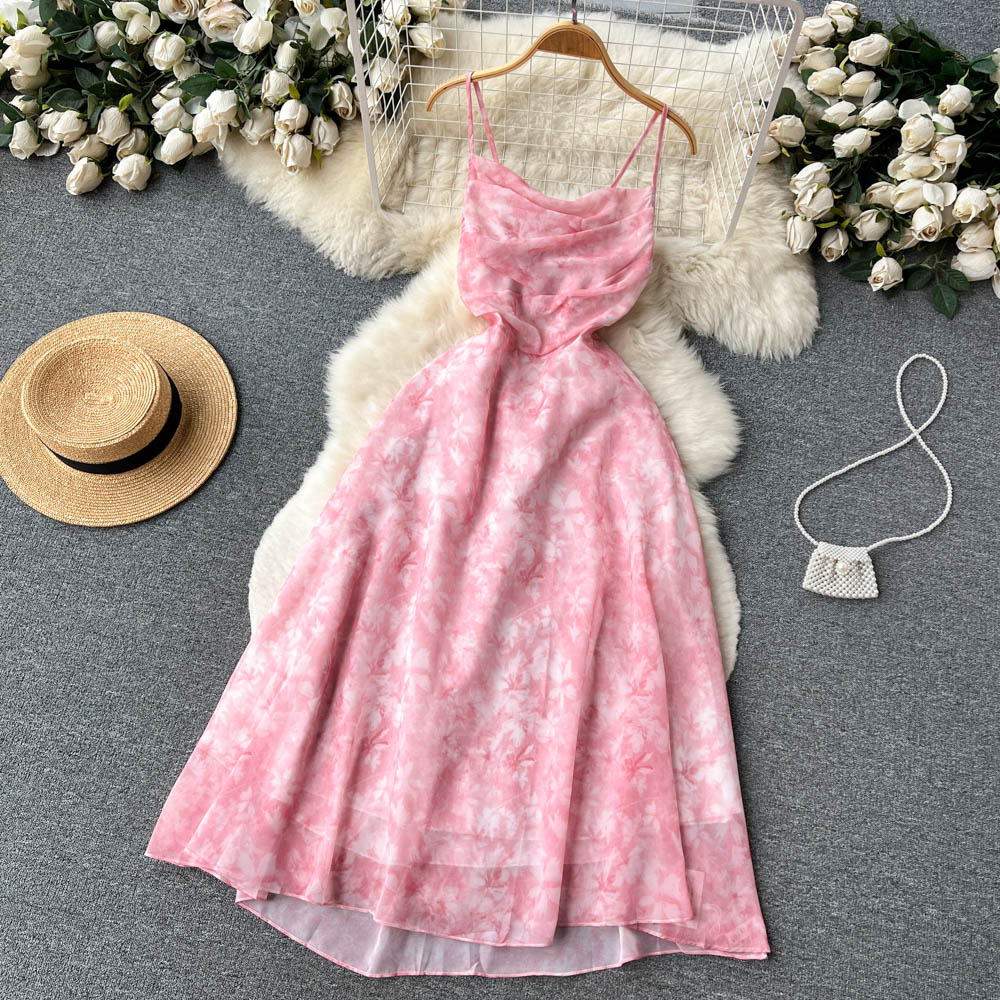 Cute A line Sleeveless Straps Backless Summer Pink Holiday Dress P240