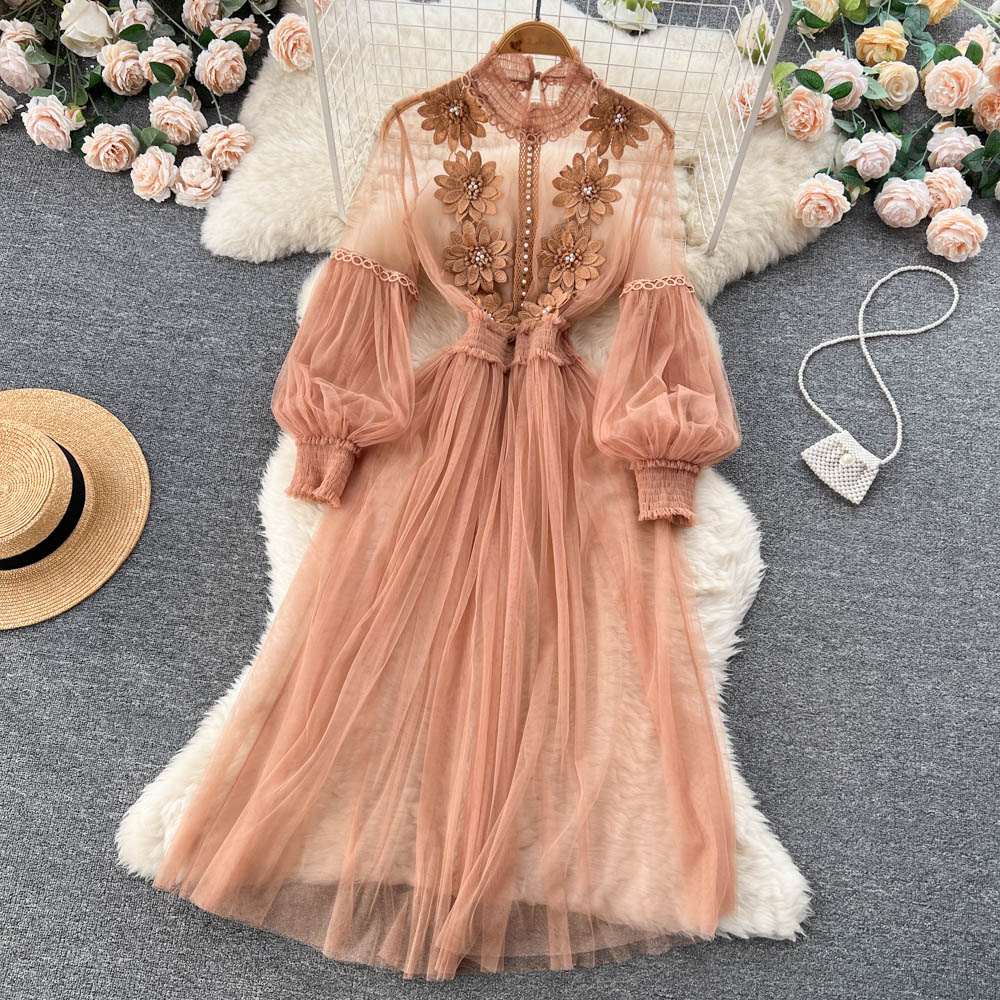 Vintage A line long sleeves lace dress women's dress P230