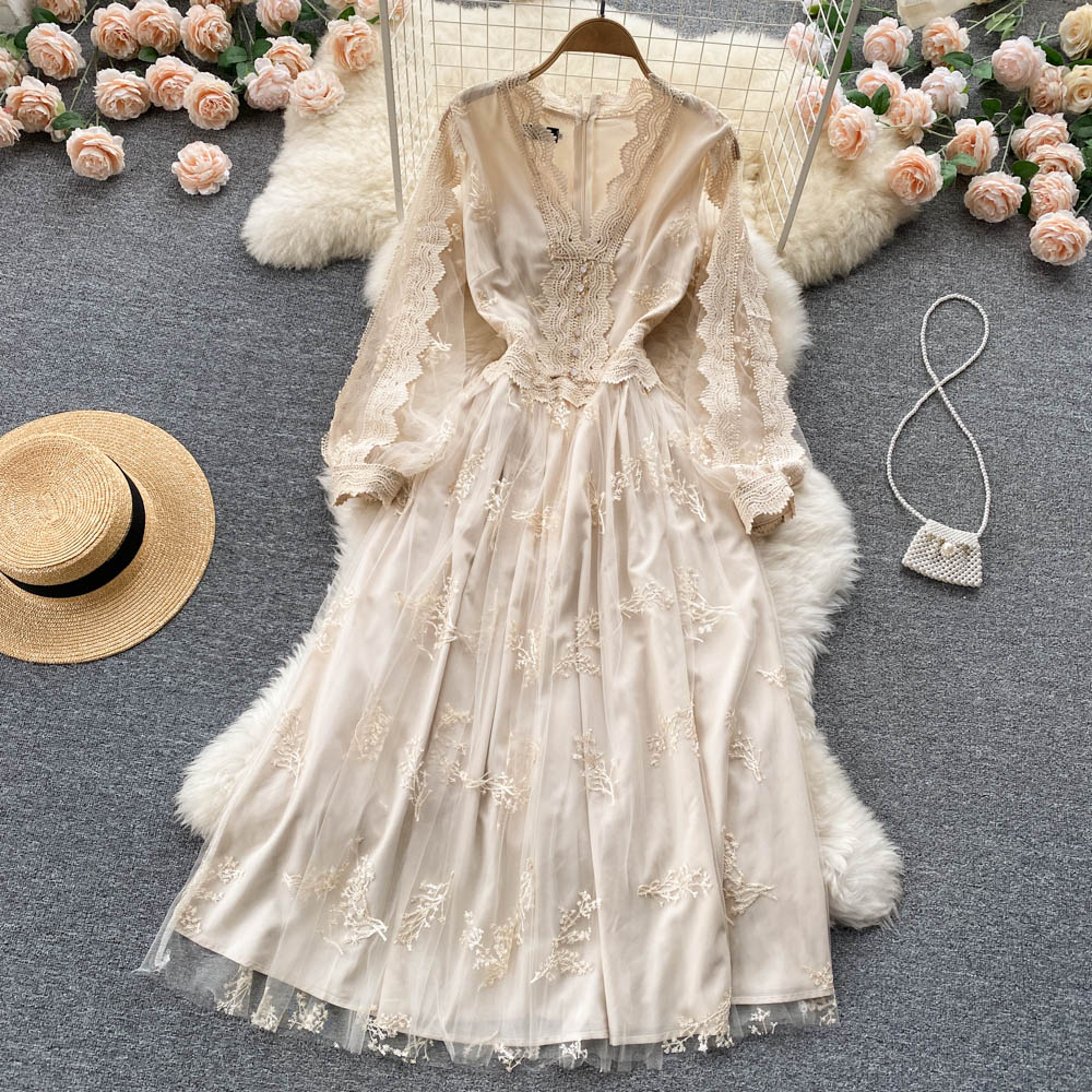 Cute long sleeves lace v neckline dress women's dress P106