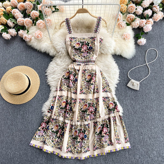 Palace Dress Women Summer Retro Printed Suspender Dress Women Holiday Dress P182