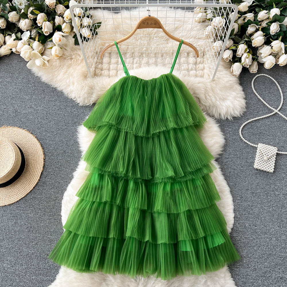 cute summer women's sweet spaghetti straps dress with ruffles P141