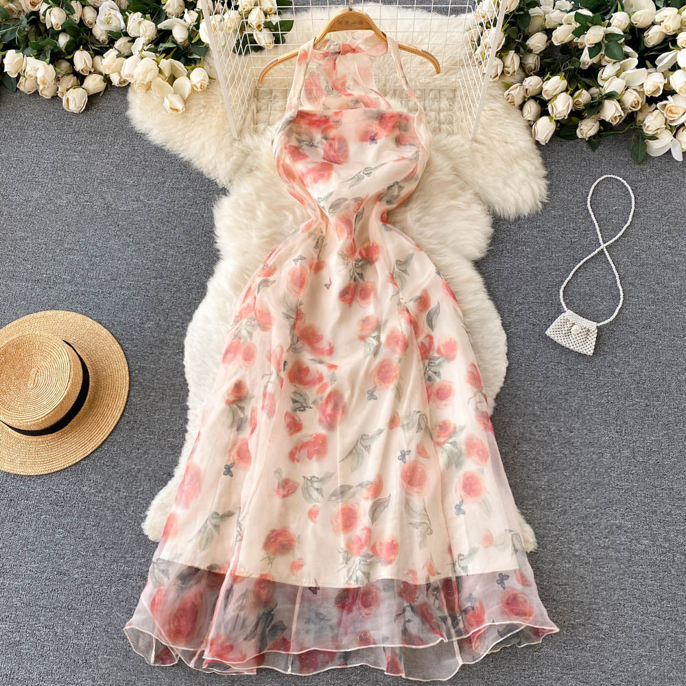 Sweet Halter Summer Floral Dress Women Holiday Dress P175