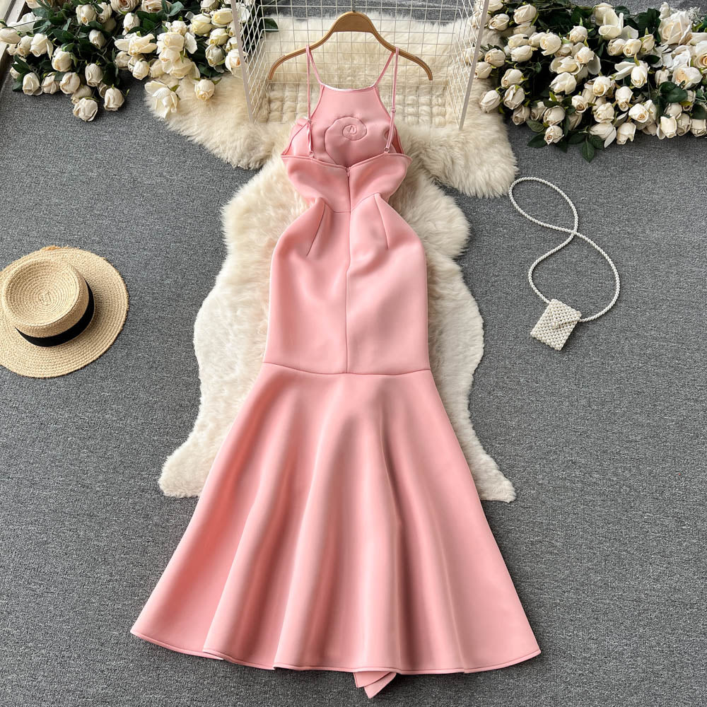 Sexy Mermaid Spaghetti Straps Ruffles Satin Flower Dress Women Dress P147