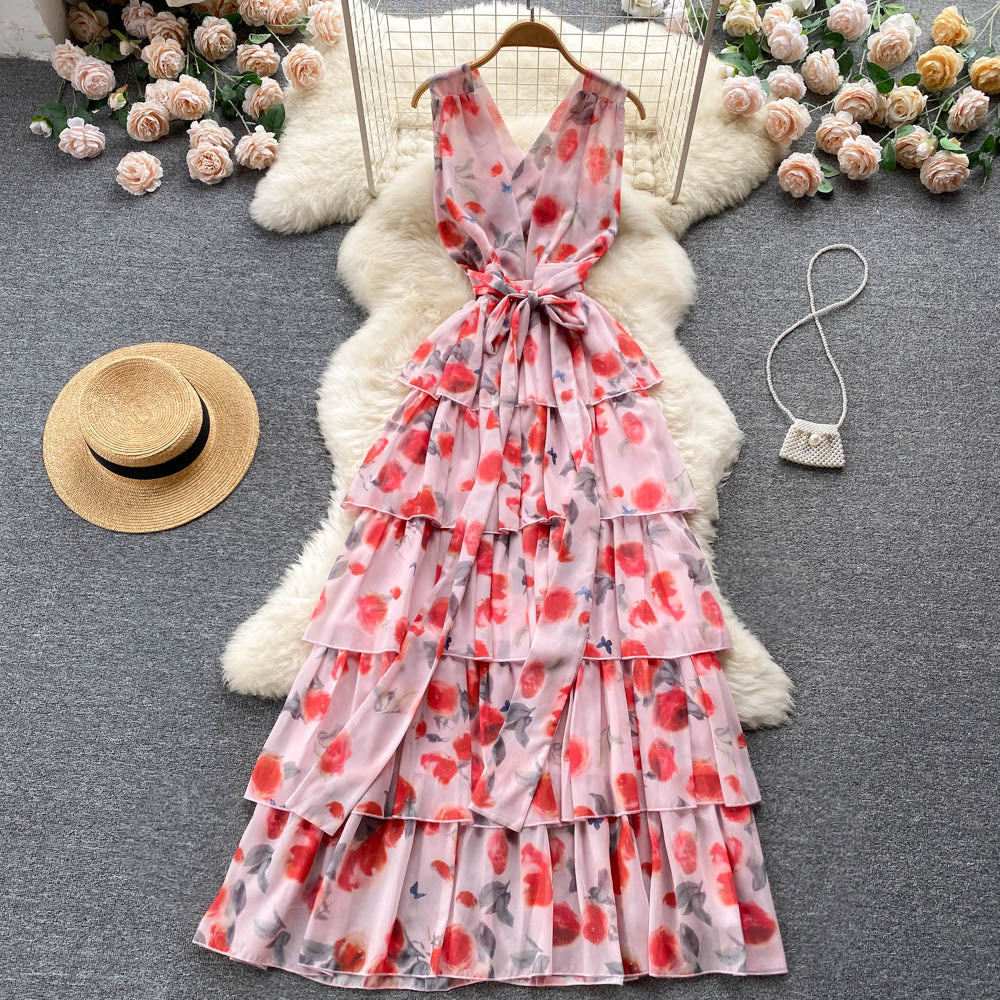 Sweet V neckline Summer Floral Dress Women Holiday Dress P174