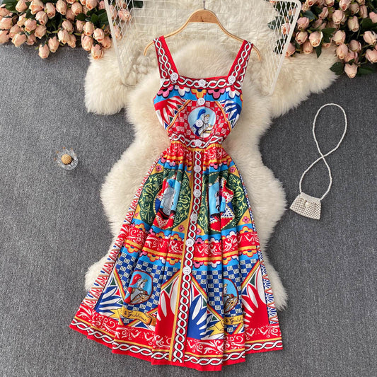 Vintage Straps Red Dress Summer Women Holiday Dress P218