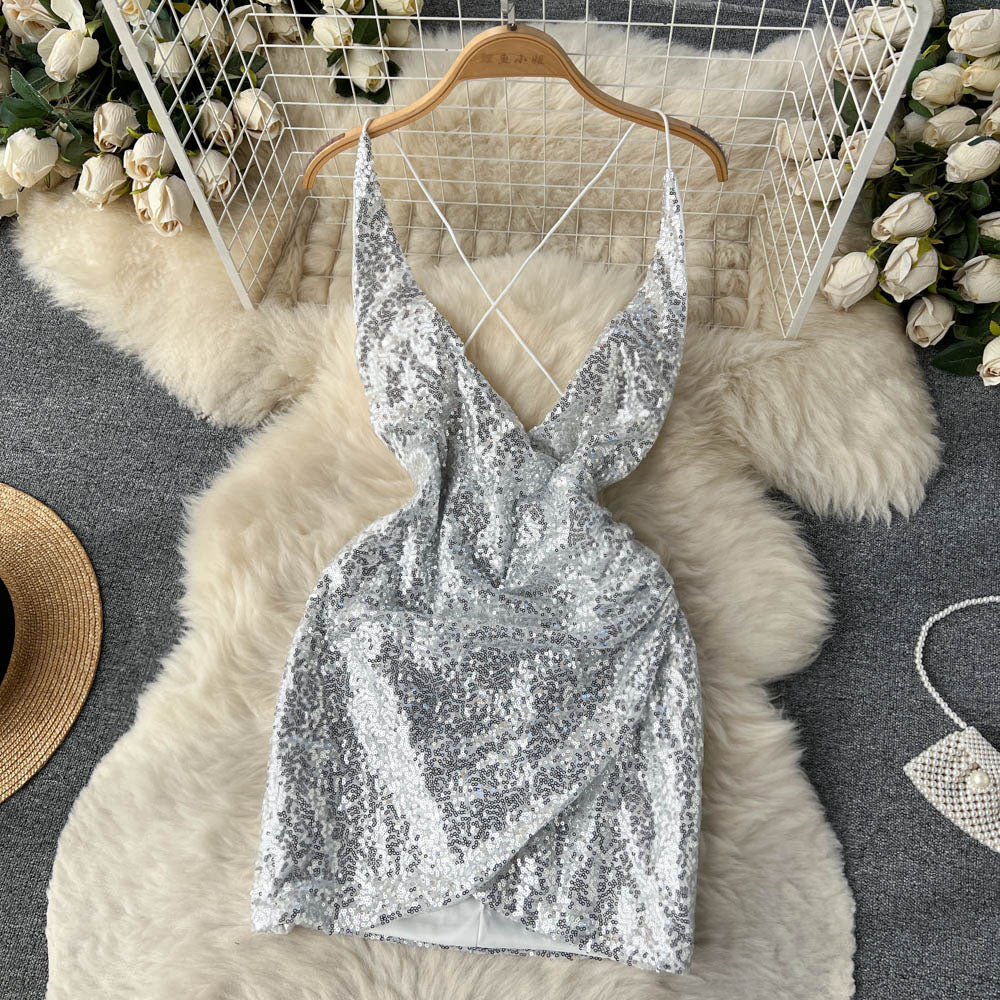 Sexy Spaghetti Straps Backless Short Sequin Dress Women Holiday Dress P191