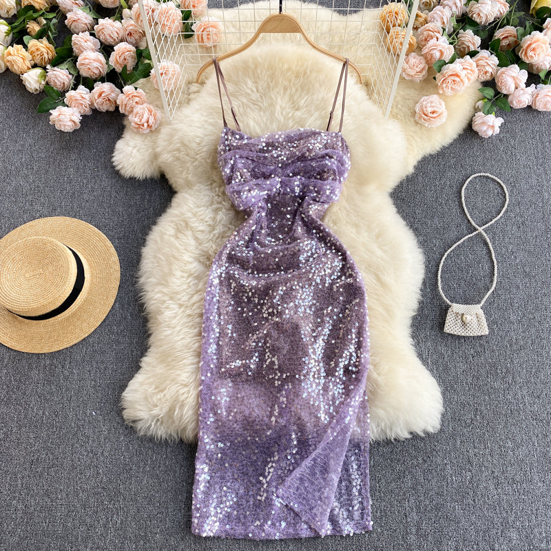 Vintage Spaghetti Straps Grape Sequin Dress Women Holiday Dress P186