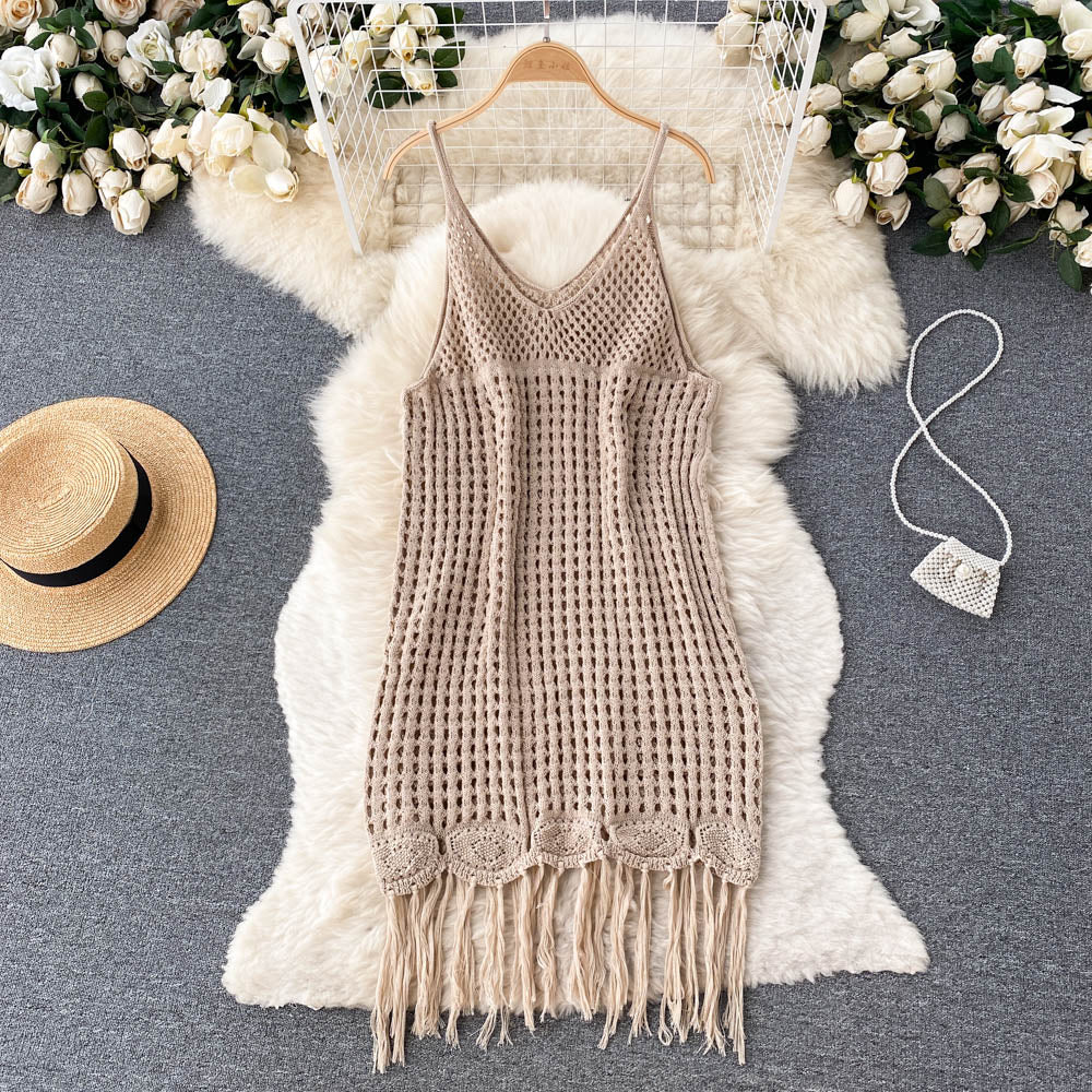 Sexy Spaghetti Straps Boho Resort Fringe Knit Dress Women Holiday Dress P170