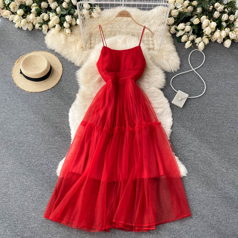 Sexy Straps Tulle Ruffles Dress Women Holiday Dress P209