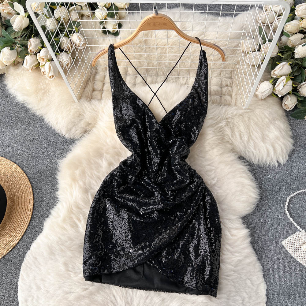 Sexy Spaghetti Straps Backless Short Sequin Dress Women Holiday Dress P191