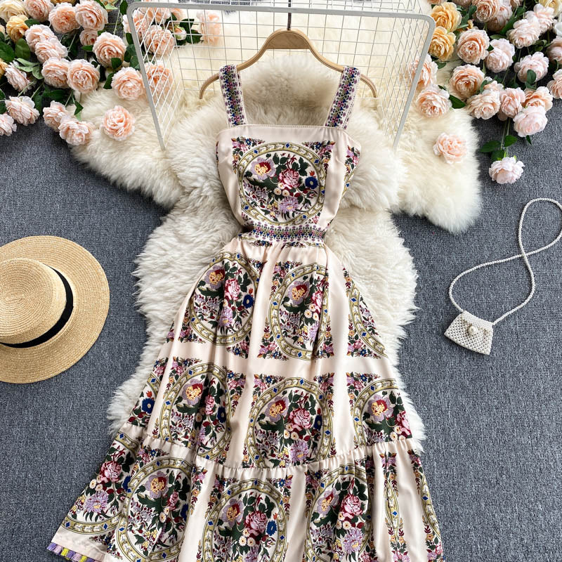 Palace Dress Women Summer Retro Printed Suspender Dress Women Holiday Dress P182