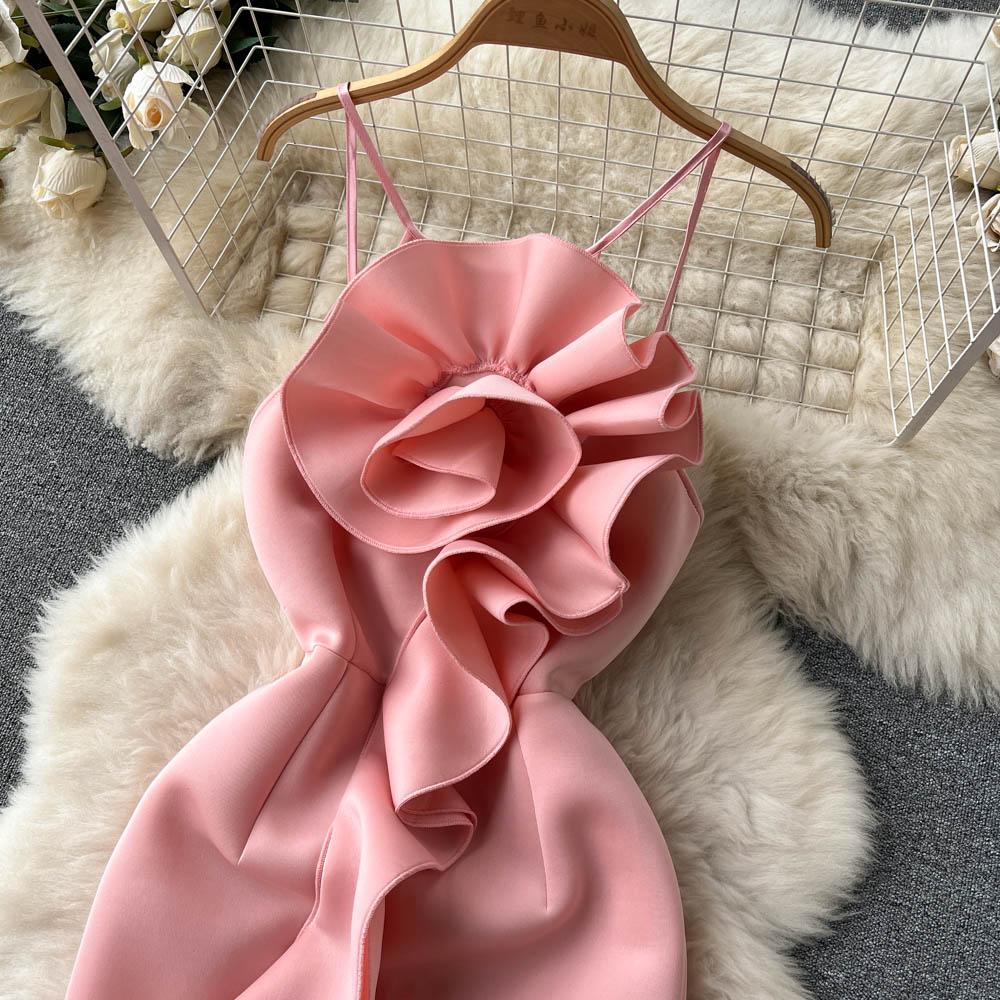 Sexy Mermaid Spaghetti Straps Ruffles Satin Flower Dress Women Dress P147