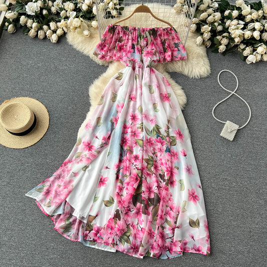 Cute off the shoulder slit floral dress women's dress P112