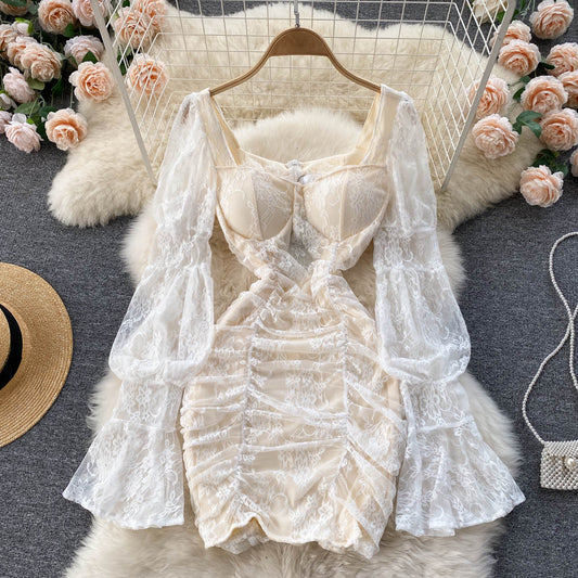 vintage lace long sleeves short summer women's dress P122