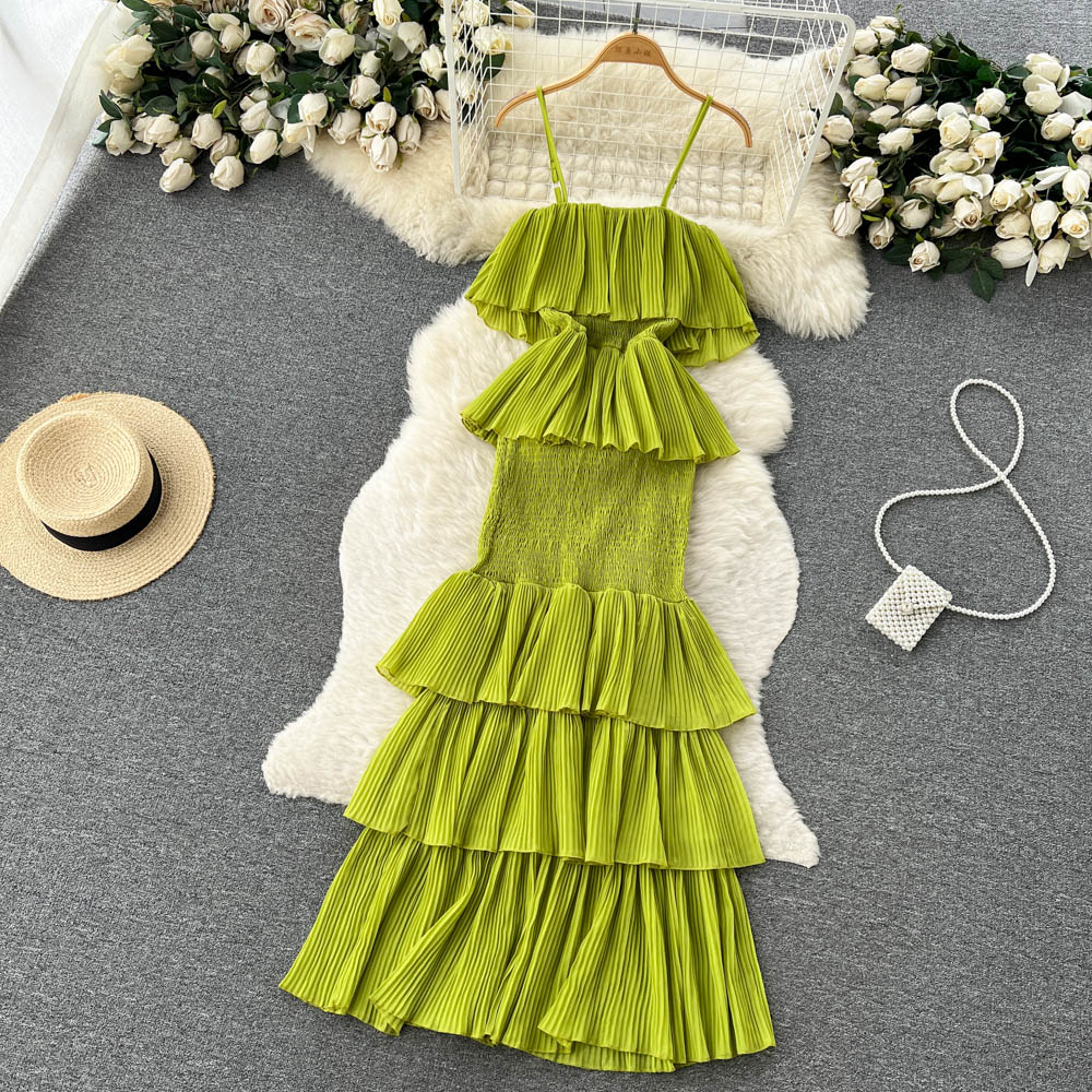 cute summer women's sweet chiffon suspender dress with ruffles P137