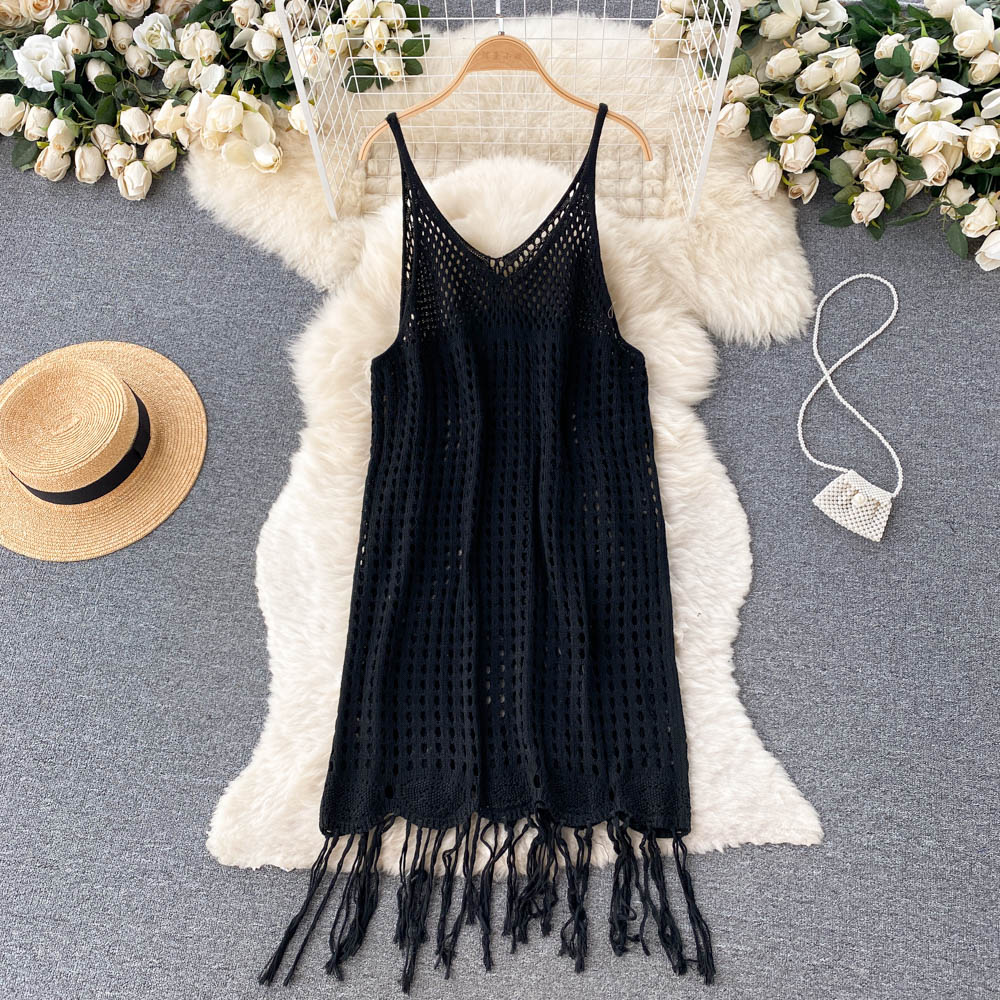 Sexy Spaghetti Straps Boho Resort Fringe Knit Dress Women Holiday Dress P170