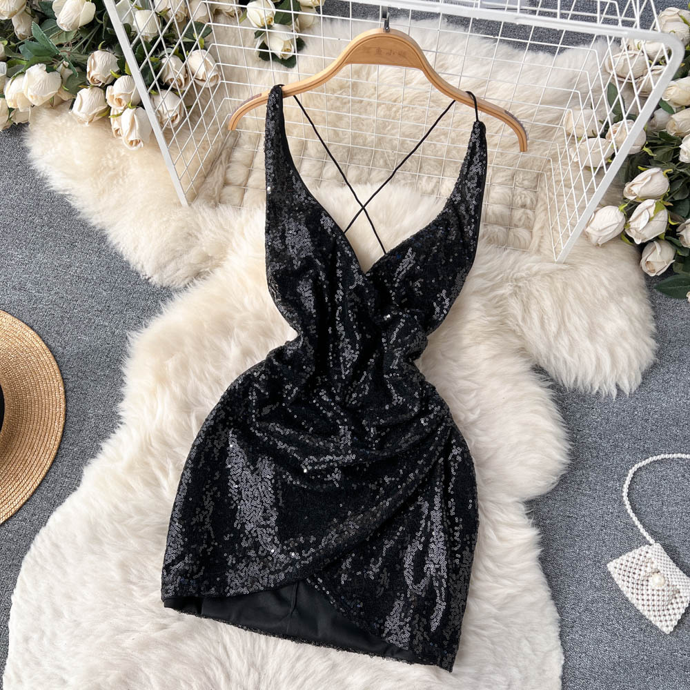 Sexy Spaghetti Straps Backless Short Sequin Dress Women Holiday Dress P191