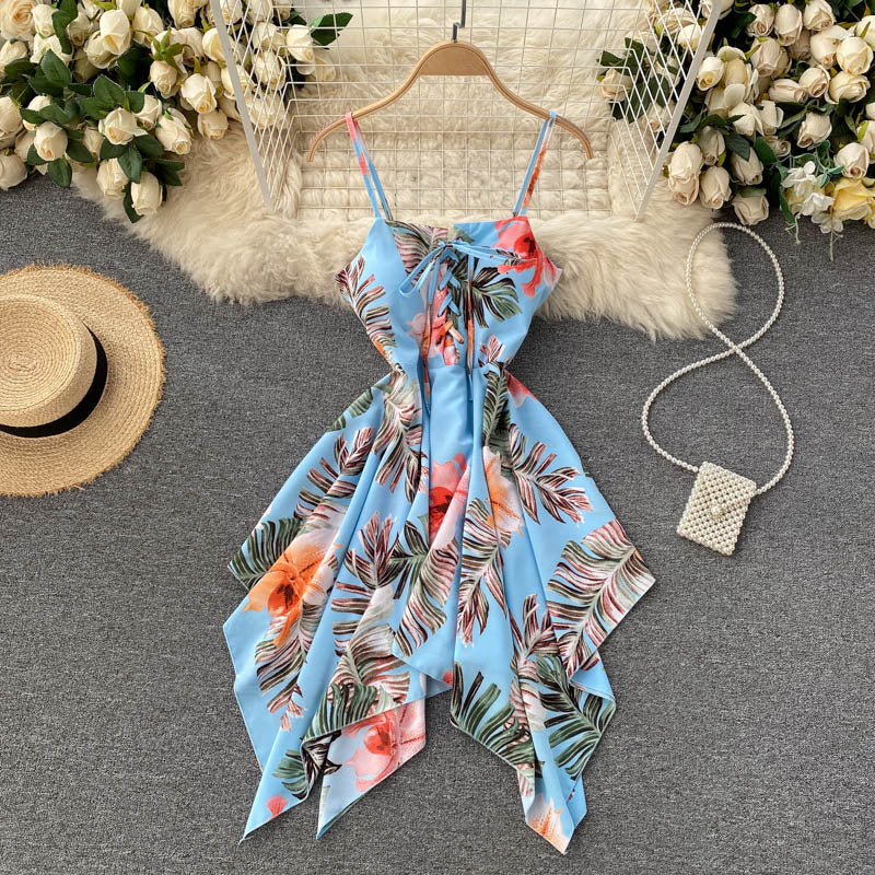 Sexy Spaghetti Straps Backless Summer Dress Women Floral Holiday Dress P162