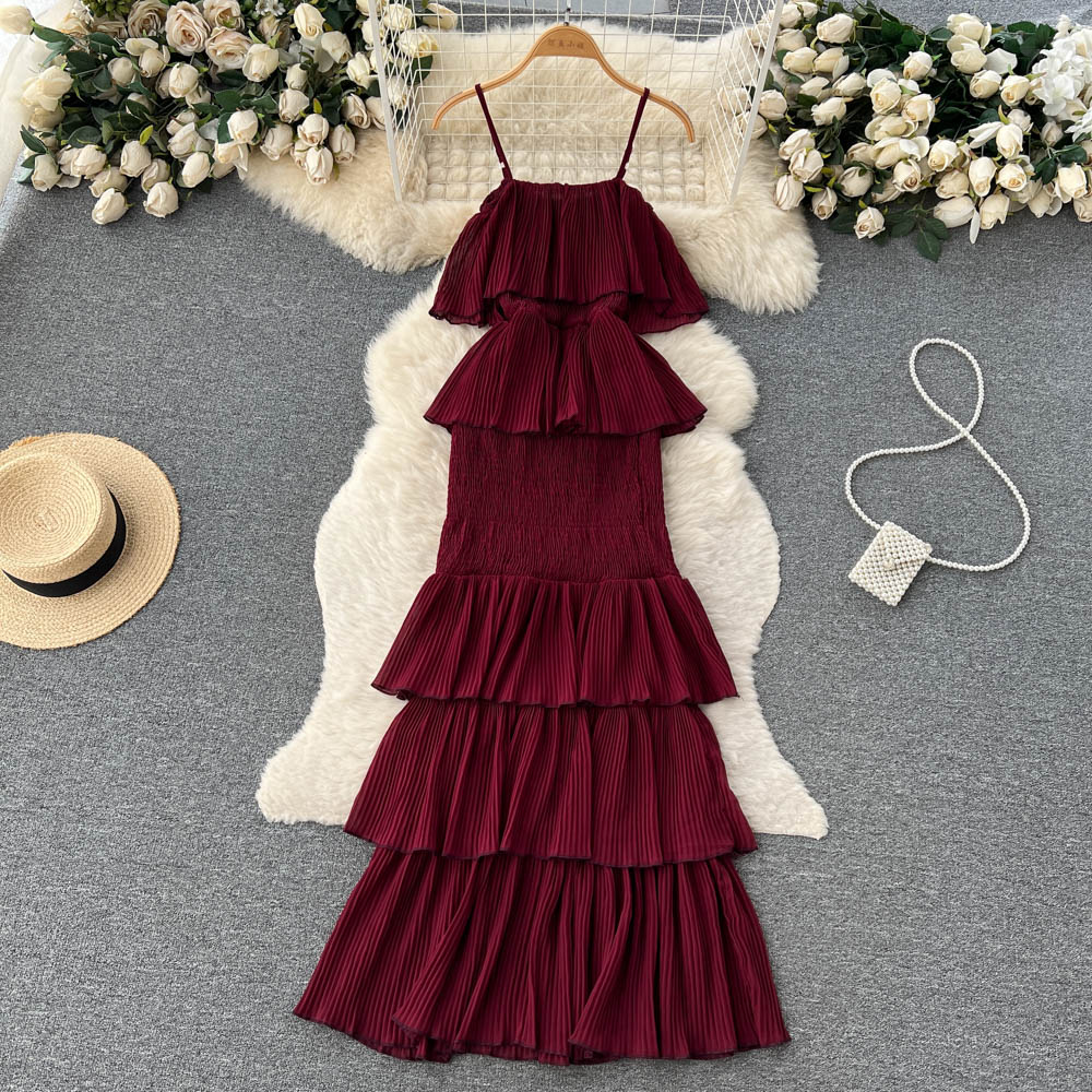 cute summer women's sweet chiffon suspender dress with ruffles P137