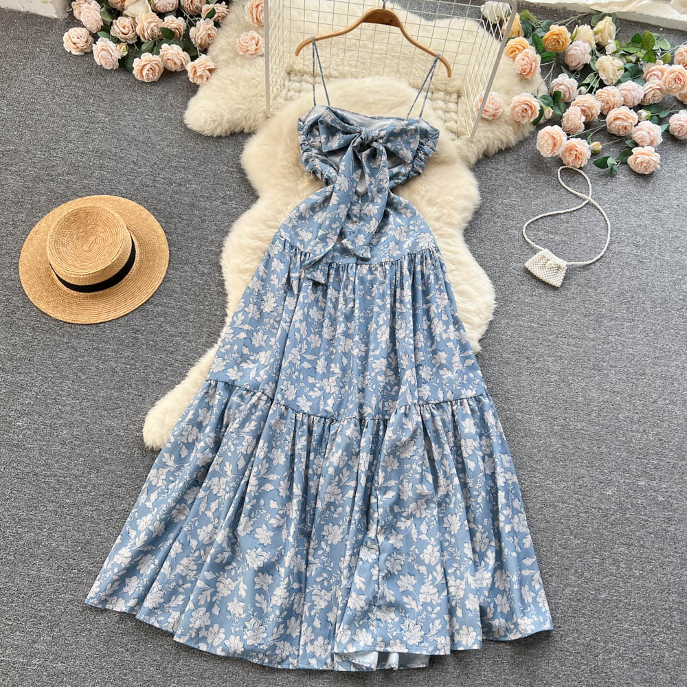 Vintage Spaghetti Straps Floral Dress Women Holiday Dress P185