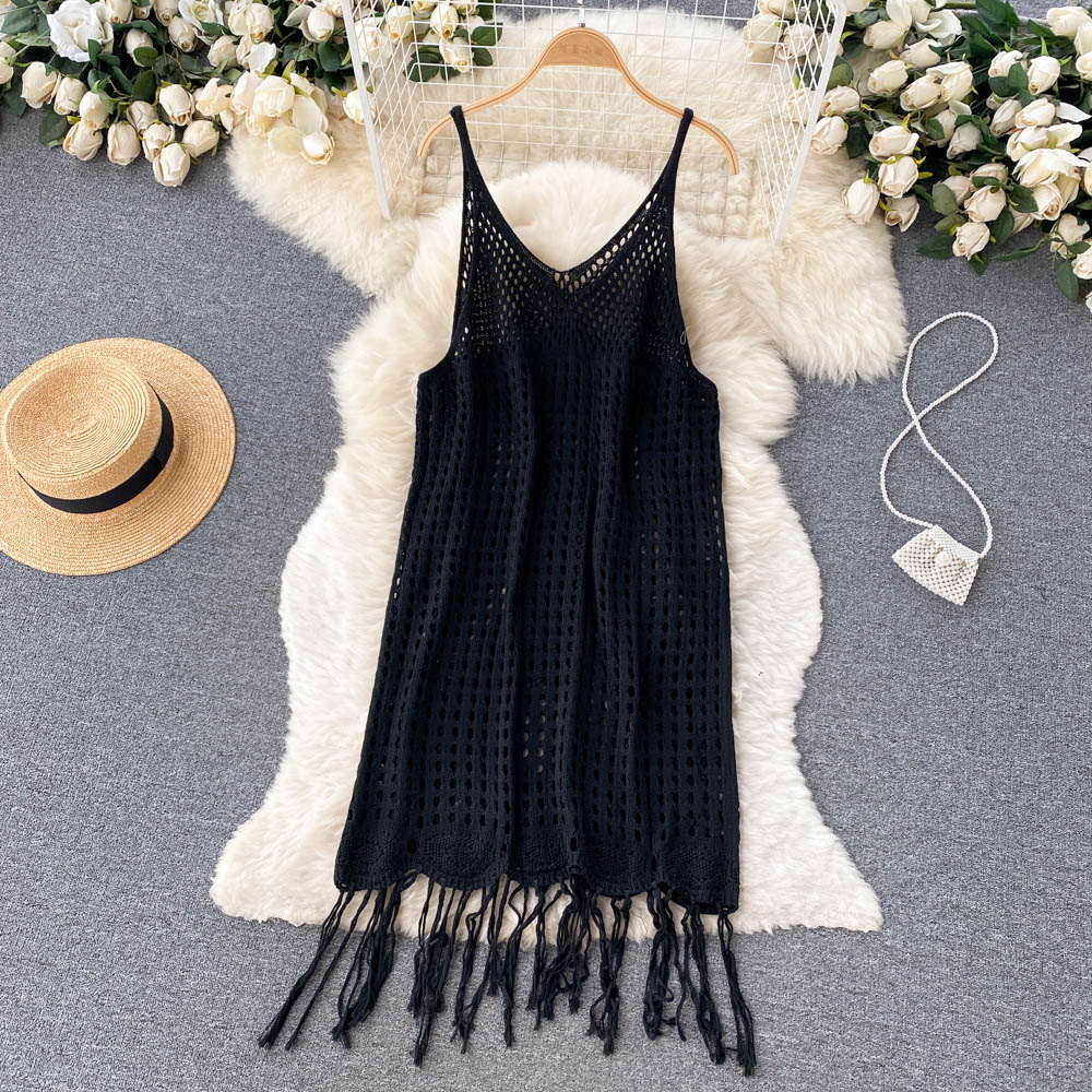 Sexy Spaghetti Straps Boho Resort Fringe Knit Dress Women Holiday Dress P170