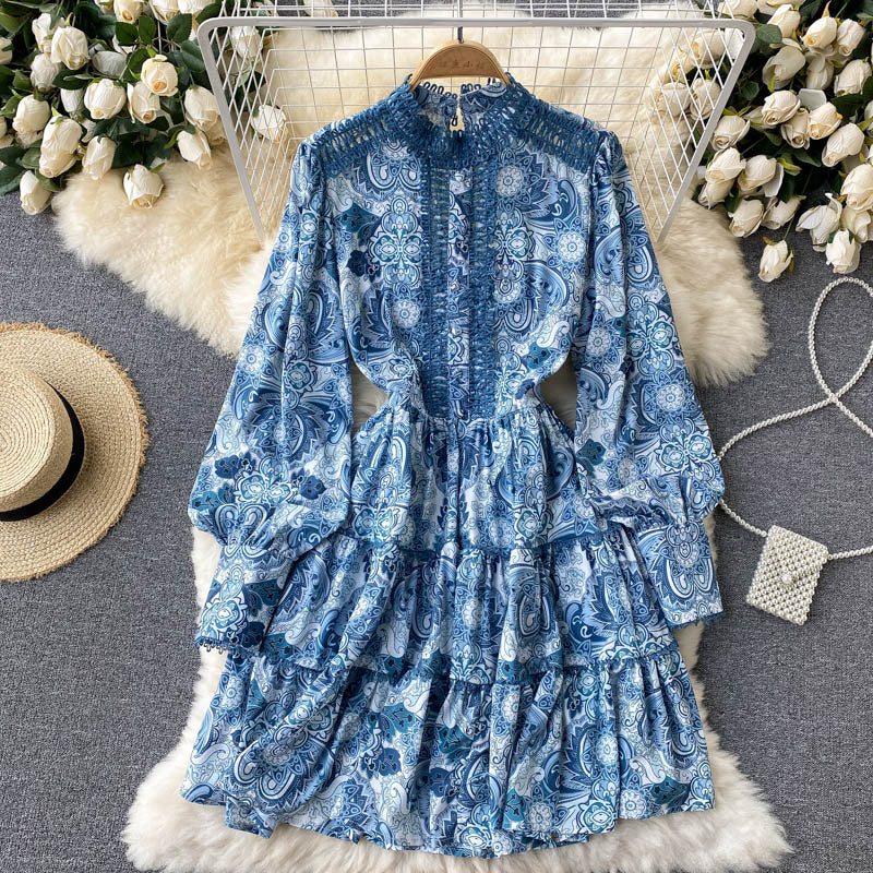 Vintage A line long sleeves floral dress women's dress P102