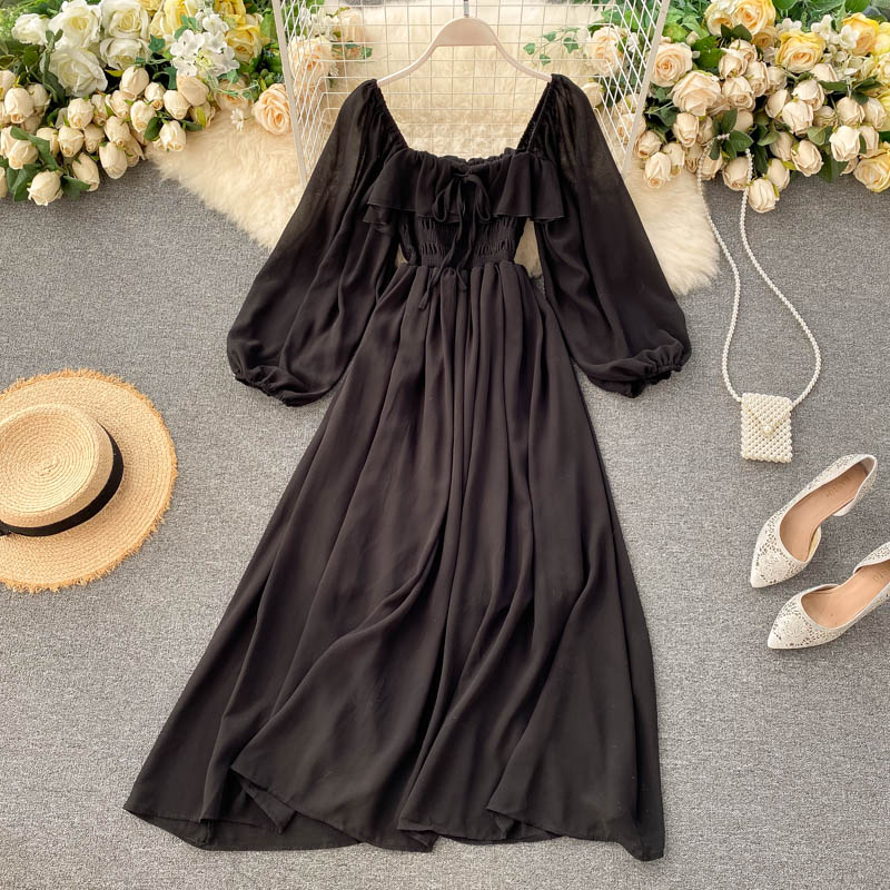 A line square neckline long sleeves chiffon dress women's dress P097