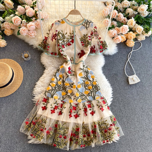 Vintage A line short sleeves floral dress women's dress P101