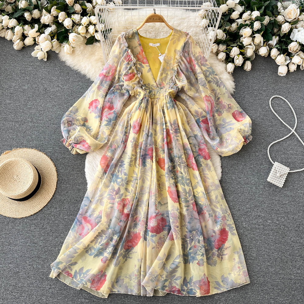 Cute A line long sleeves floral dress women's dress P099