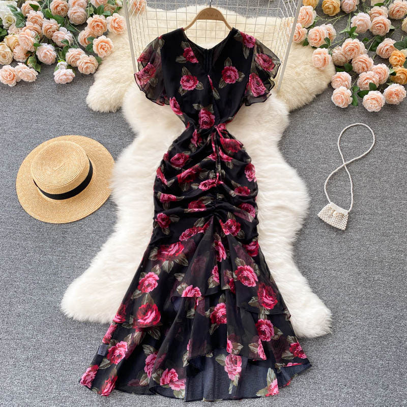 sexy mermaid v neckline floral dress women's dress P098