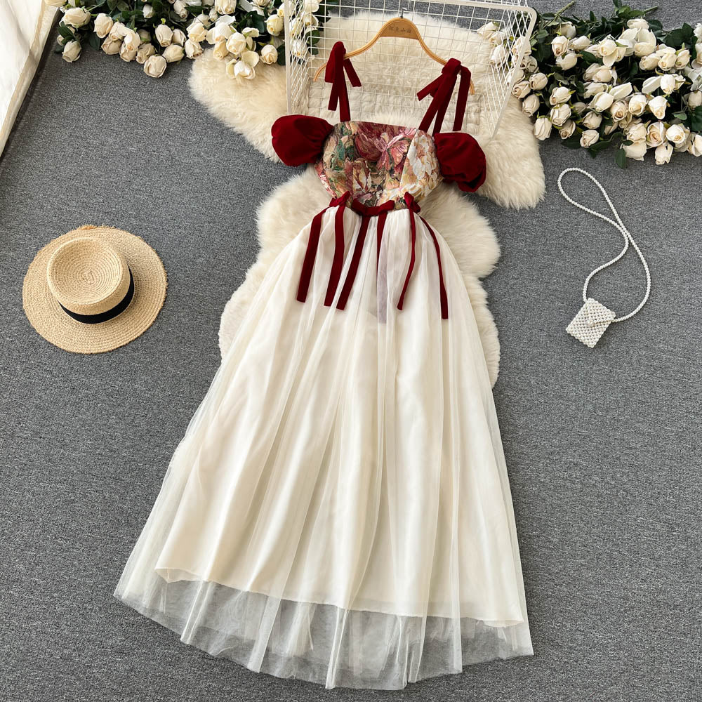 Retro Niche Design Embroidered Suspender Dress Women Dress P084