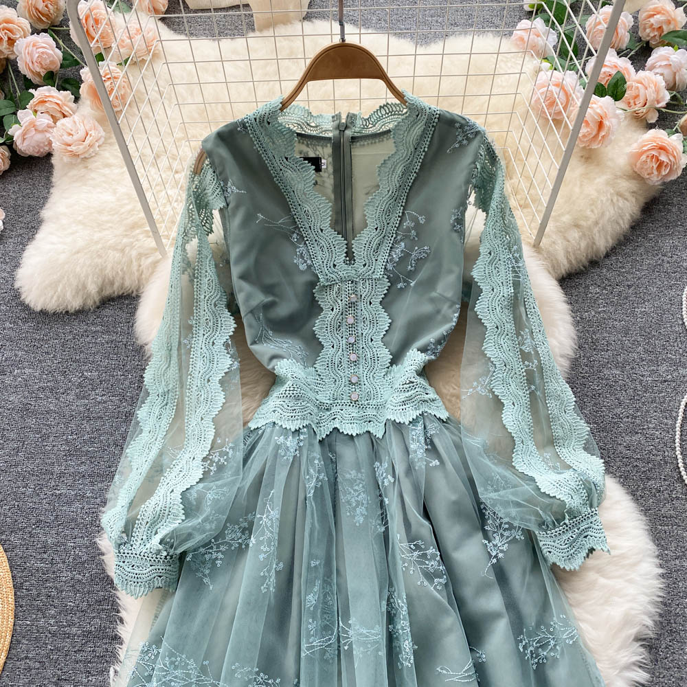 Cute long sleeves lace v neckline dress women's dress P106