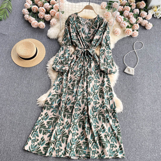 Vintage A line long sleeves floral dress women's dress P105