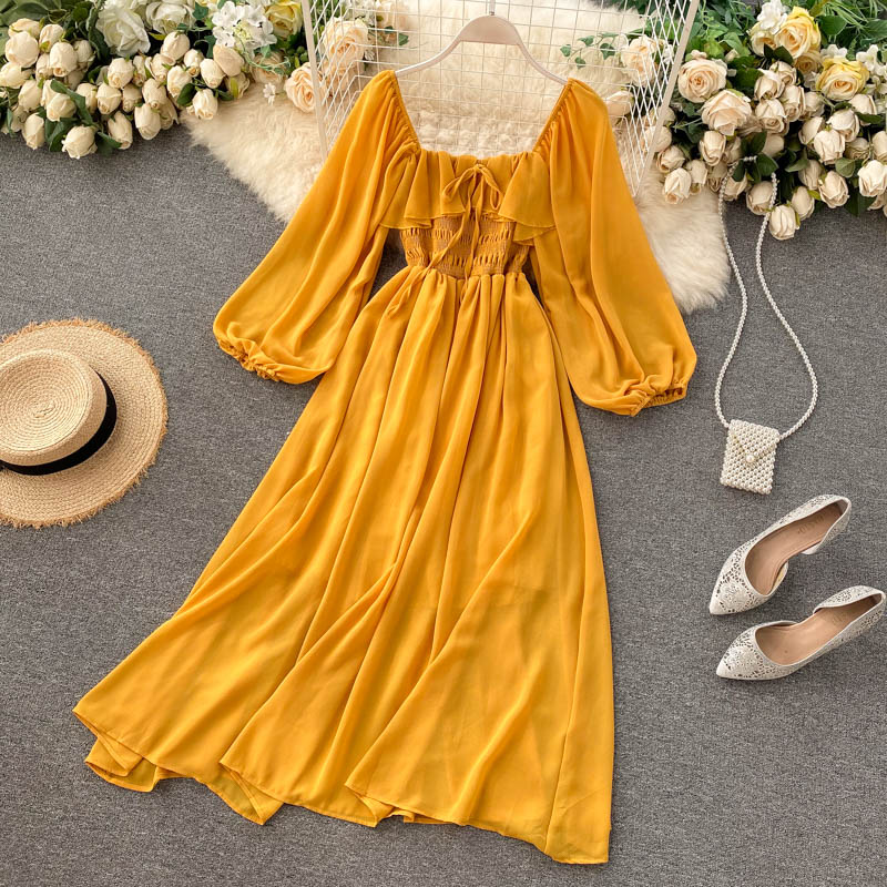 A line square neckline long sleeves chiffon dress women's dress P097