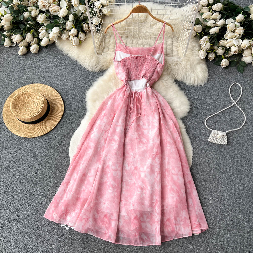 Cute A line Sleeveless Straps Backless Summer Pink Holiday Dress P240