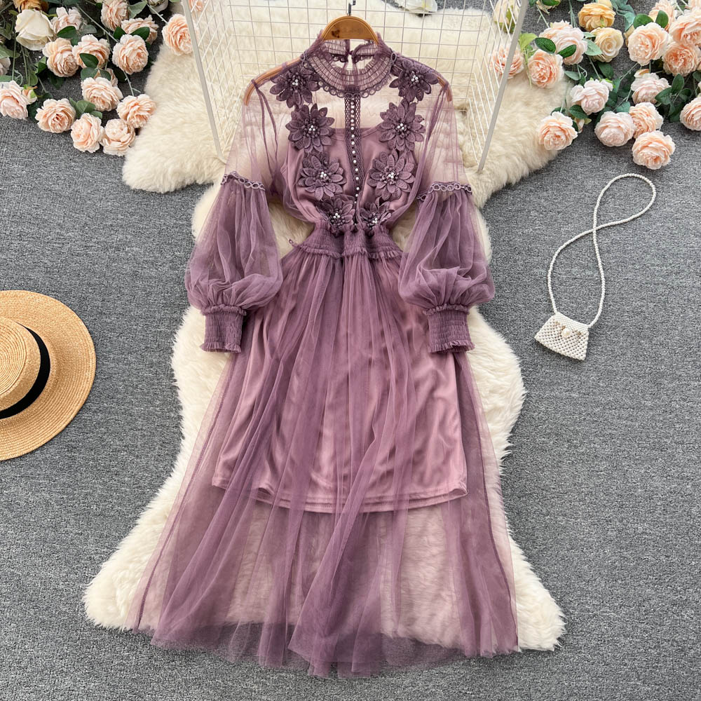 Vintage A line long sleeves lace dress women's dress P230