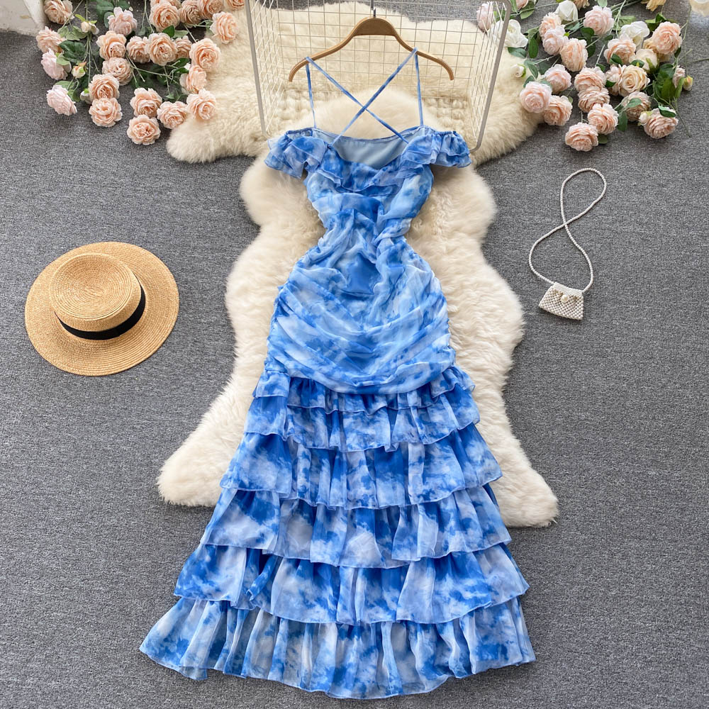 Cute Spaghetti Straps Long Blue Floral Dress Women Holiday Dress P234