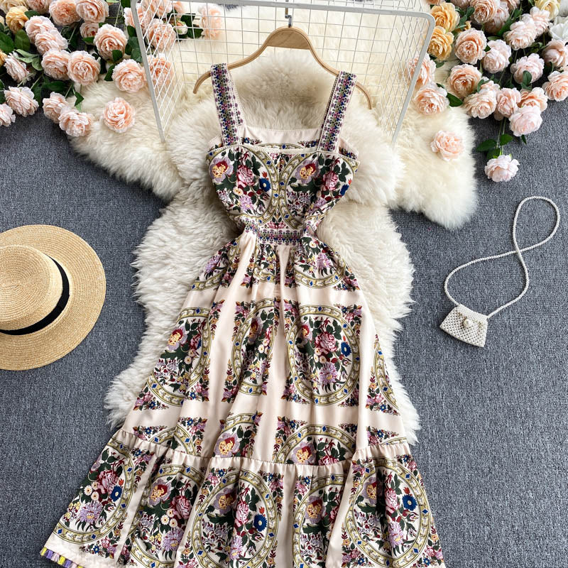 Palace Dress Women Summer Retro Printed Suspender Dress Women Holiday Dress P182