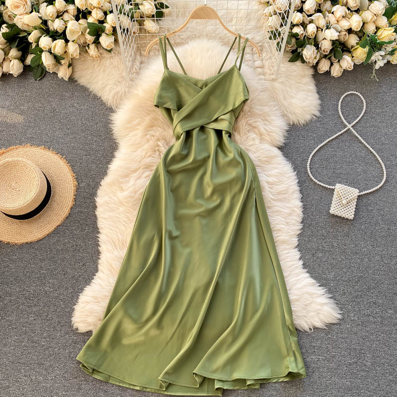 Sexy A line spaghetti straps sage green summer dress women's dress P095