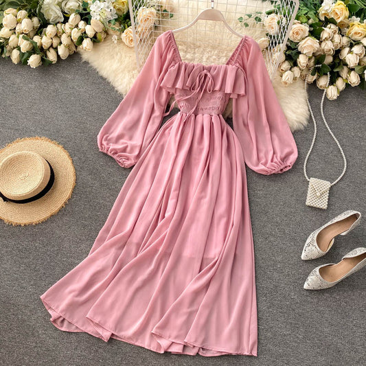 A line square neckline long sleeves chiffon dress women's dress P097