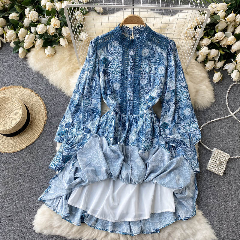 Vintage A line long sleeves floral dress women's dress P102