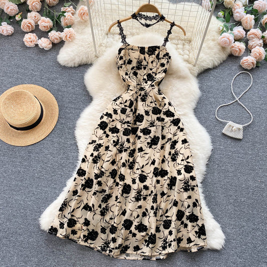 Vintage Black Floral Dress Summer Women Holiday Dress P224