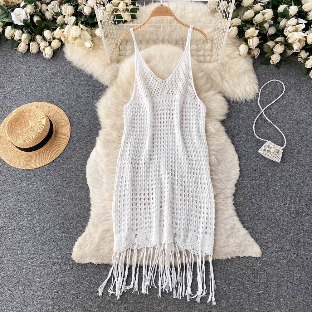 Sexy Spaghetti Straps Boho Resort Fringe Knit Dress Women Holiday Dress P170