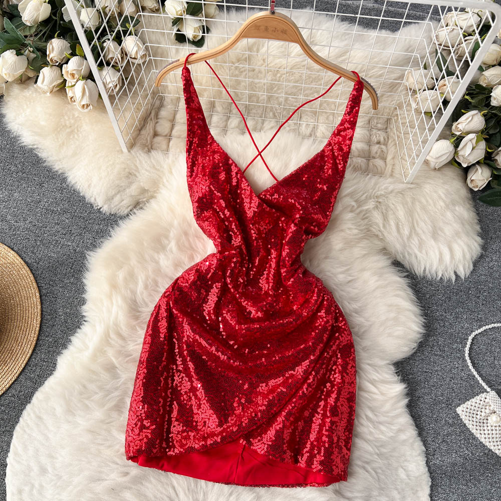 Sexy Spaghetti Straps Backless Short Sequin Dress Women Holiday Dress P191