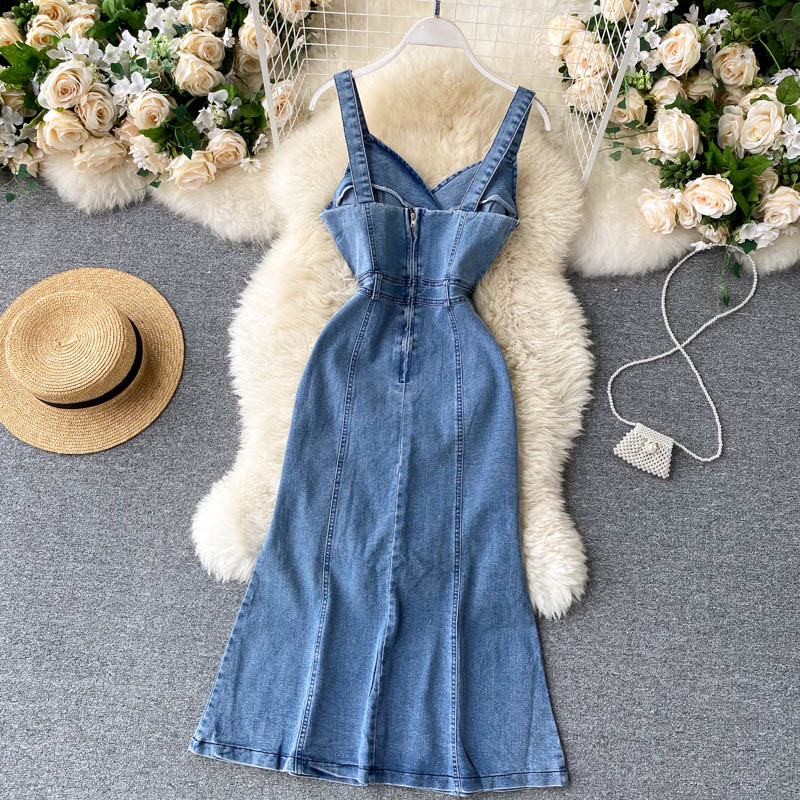 Cute Spaghetti Straps Denim Dress Women Dress P144